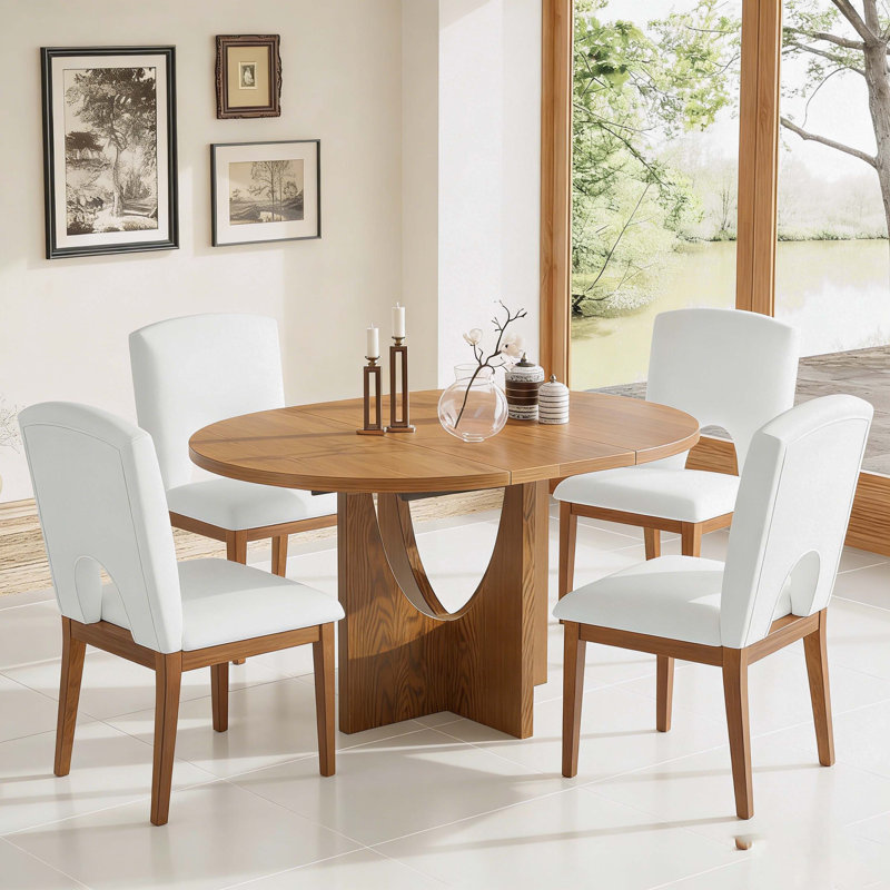 Modern 5-Piece Extendable Round Dining Table Set with 16.2inch Removable Leaf for Small Places, Beige/Walnut