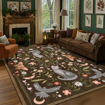 Vintage Cute Cat Machine Washable Rug with Rubber Backing for Living Room Stain Resistant Non-Slip Dining Room Rug Easy-Cleaning Floor Carpet for Bedroom
