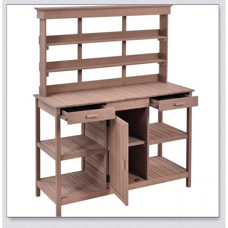 Grande table de rempotage en bois pour l'extérieur 66 ", poste de travail de jardin avec 2 tiroirs, Brun