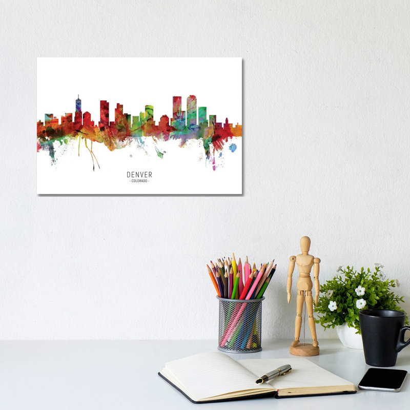 «Denver Colorado Skyline» par Michael Tompsett - peinture sur toile tendue, H 8 po x l 12 po x P 0,75 po
