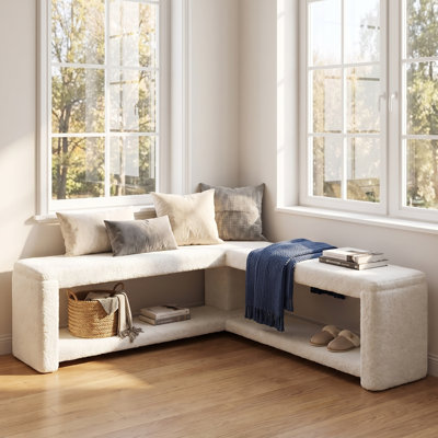 Banc d'angle capitonné en forme de L pour entrée, banc à chaussures d'angle en velours arctique avec tablette de rangement ouverte pour fenêtre de hall d'entrée ou placard