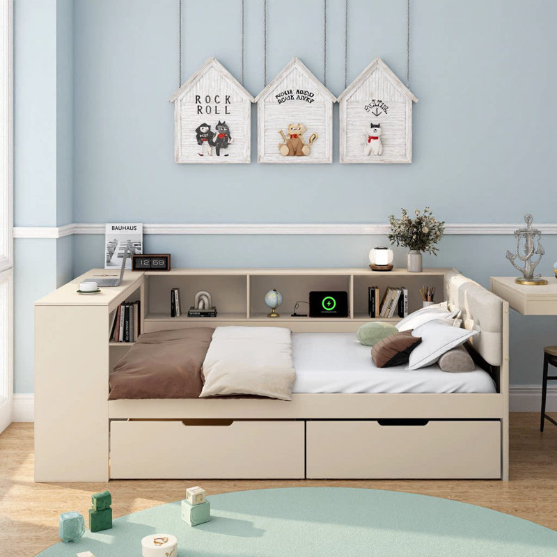 Lit plateforme gris avec rangement et tête de lit tapissier, tablettes et tiroirs USB, Crème, Lit double 