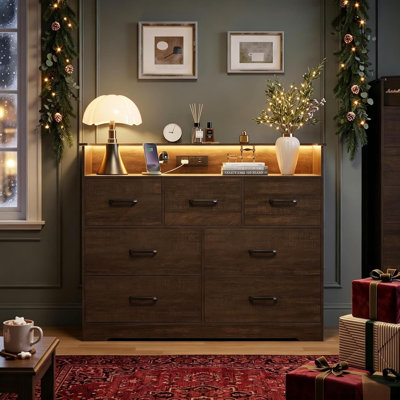 7 Drawer Dresser for Bedroom - 47.2” Wide Double Chest of Drawers with LED Light and Charging Station, Large TV Stand Cabinet Organizer with Open Shelf for Living Room, Entryway, Hallway