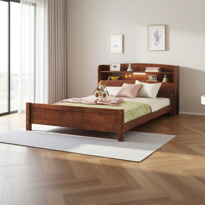 Full Pine Wood Bed With Bookcase Headboard ,LED Motion Sensor Light, Bed Guardrails