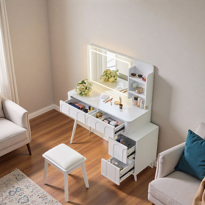 Modern Makeup Vanity Desk Set With Stool, Led Lights & Mirror, 4 Drawers, Unique Fluted Waveform Panels And Open Shelves