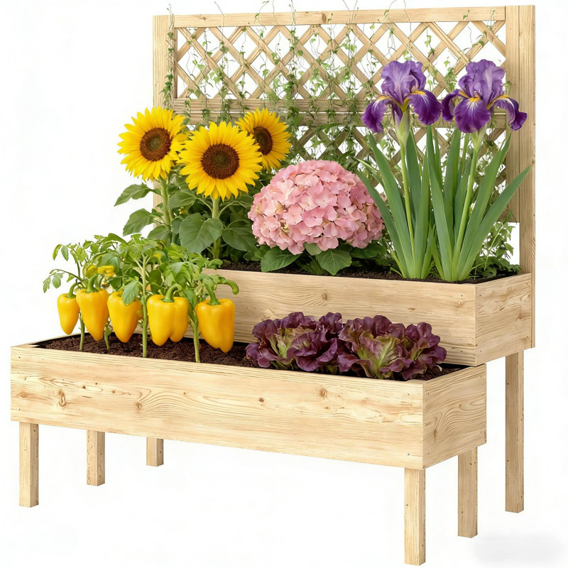 Outdoor Raised Garden Bed With Trellis, Two - In One Design For Climbers, Support Various Plants, Ergonomic Stepped Structure, Simple Assembly, Rustic Charm, Natural Wood Color Patio Planter Box