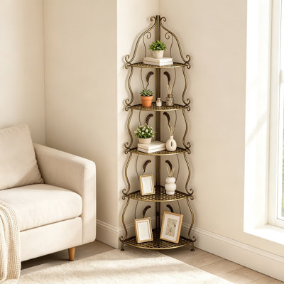 Rustic Brown Outdoor Corner Plant Stand, Foldable Metal Bakers Rack with Five Shelves, No Assembly Required, for Patio Garden Balcony Indoor Decor