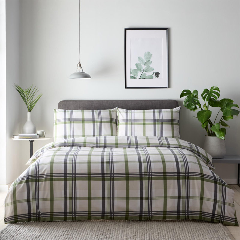 Portfolio Home Prague Check Bedding Set, Double Duvet Cover Set + 2 Standard Pillowcases, Green