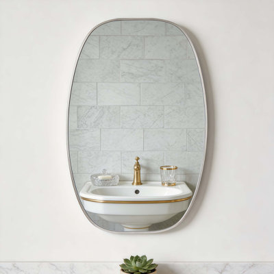24X36 Inch Silver Metal Framed Oval Vanity Mirror For Wall Mounting With HD Glass, Distortion-Free Reflection, And Easy Installation.