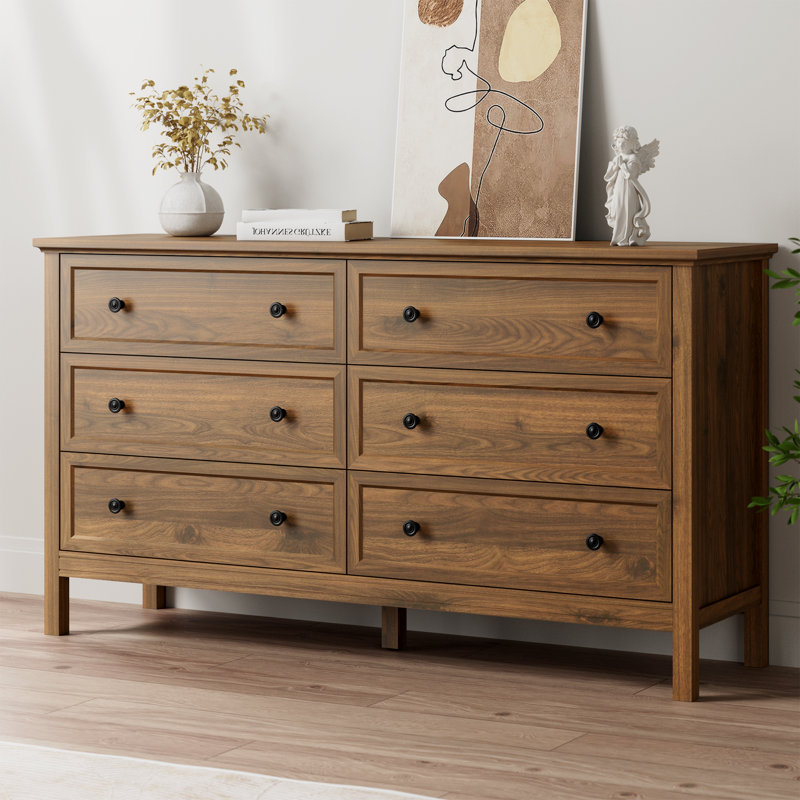 Commode 6 tiroirs 55,1 po pour le salon, la chambre à coucher, Brun