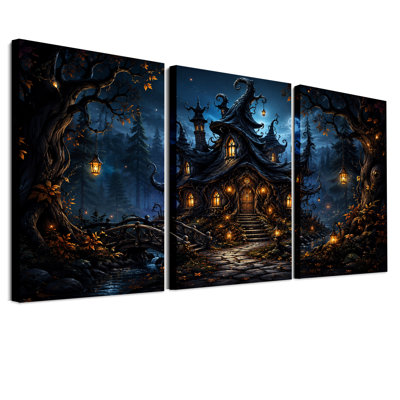 Maison tordue dans une forêt au clair de lune avec un ensemble de 3 toiles murales d'Halloween