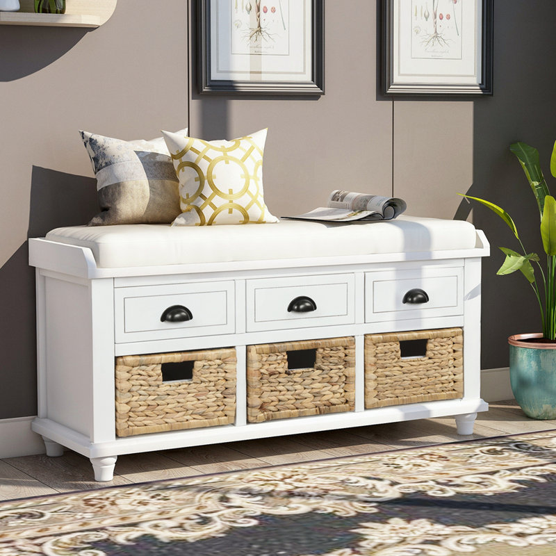 Banc de rangement Fluker avec 3 tiroirs et 3 paniers en rotin, banc à chaussures pour le salon, vestibule, Blanc