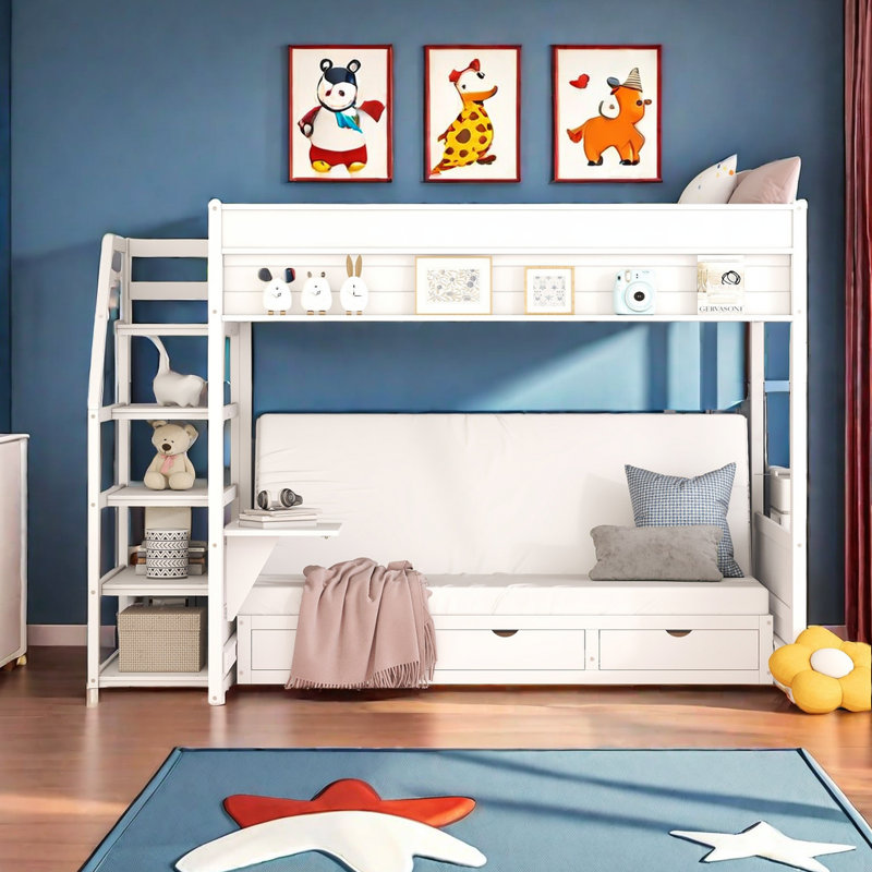 Lit superposé double avec tiroirs Joezette Kids, Blanc