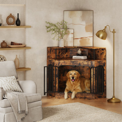 Meuble de caisse rustique brun pour coin avec porte arquée en métal, tablette de rangement et plateau de table - Niche pour animaux en bois peu encombrante pour salon, meuble télé et table de bout