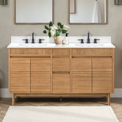 Kayla 61 In. Double Sink Bathroom Vanity In Natural Teak With White Engineered Stone Top