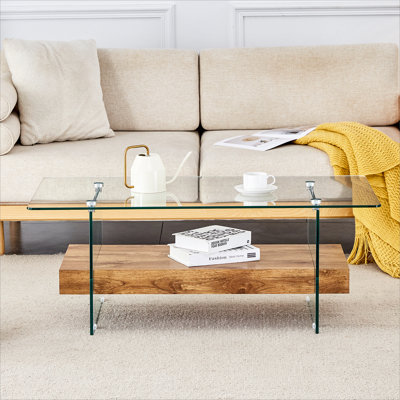 43.3-inch sturdy double-layer coffee table - tempered glass tabletop and legs, with a load-bearing capacity of 250 pounds
