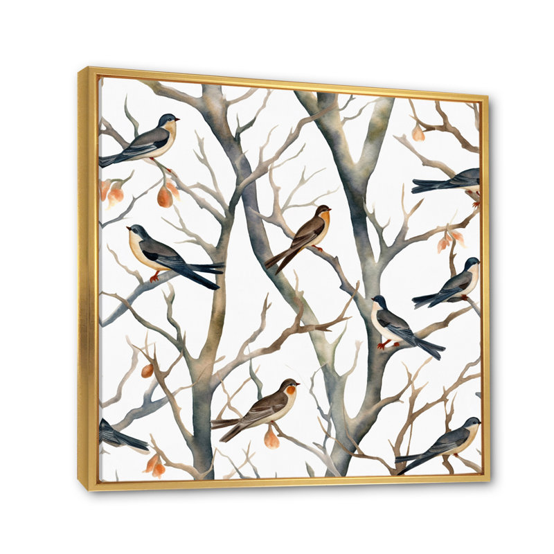 «Little Birds On The Tree Branches VI», reproduction d'art sur toile, H 36 po x l 36 po x P 1,5 po, Cadre flottant doré