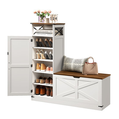 Shoe Cabinet With Bench, L-shaped Shoe Bench, Storage Bench, Farmhouse Shoe Storage Cabinet With Adjustable Shelves