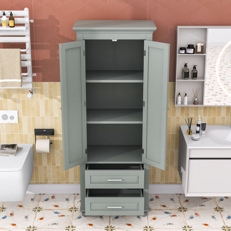 Tall Freestanding Bathroom Storage Cabinet with Two Drawers, Adjustable Shelf and Anti-Tipping Design, Gray