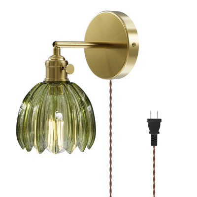 Ensemble de 2 appliques murales vintage tulipe à bras articulé avec abat-jour en verre vert, à brancher ou à câblér.