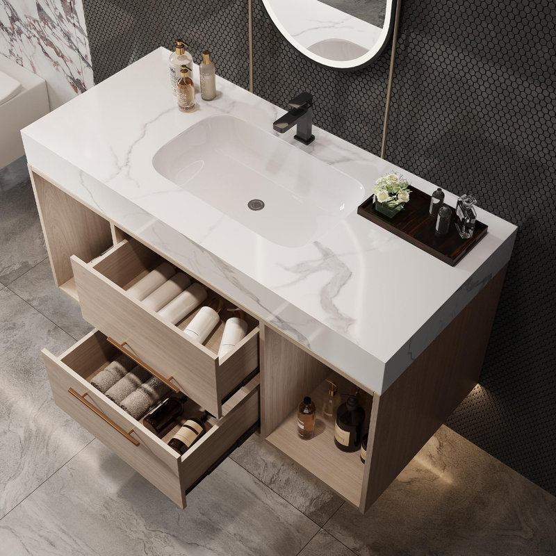 39.4" Wall-Mounted Single Bathroom Vanity with Sink, Light Oak