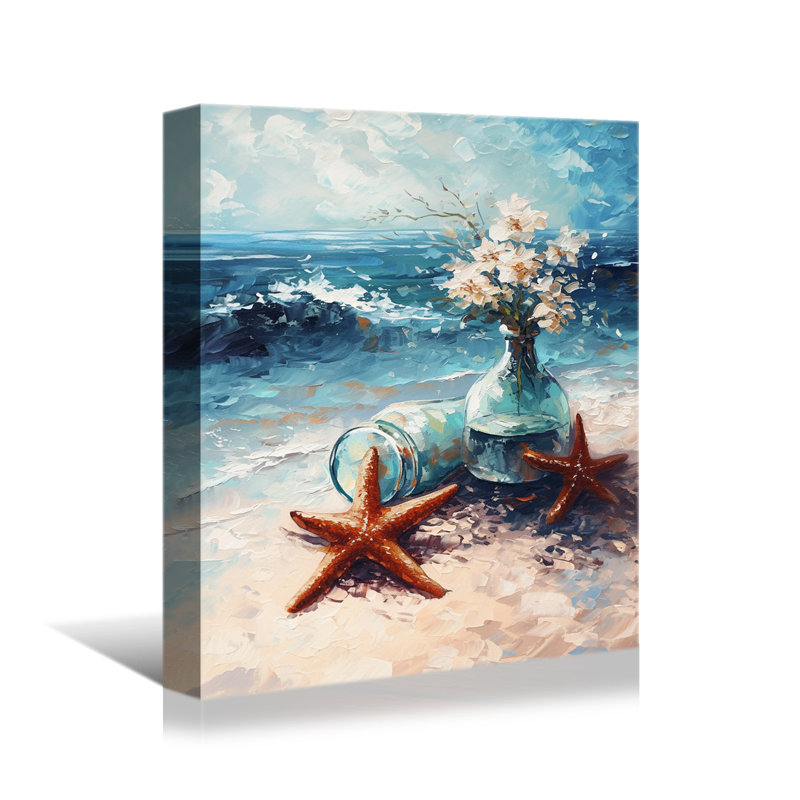 «Ocean Shore with Glass Bottles and Blooms - Nautical Coastal», reproduction d'art sur toile tendue, H 30 po x l 20 po