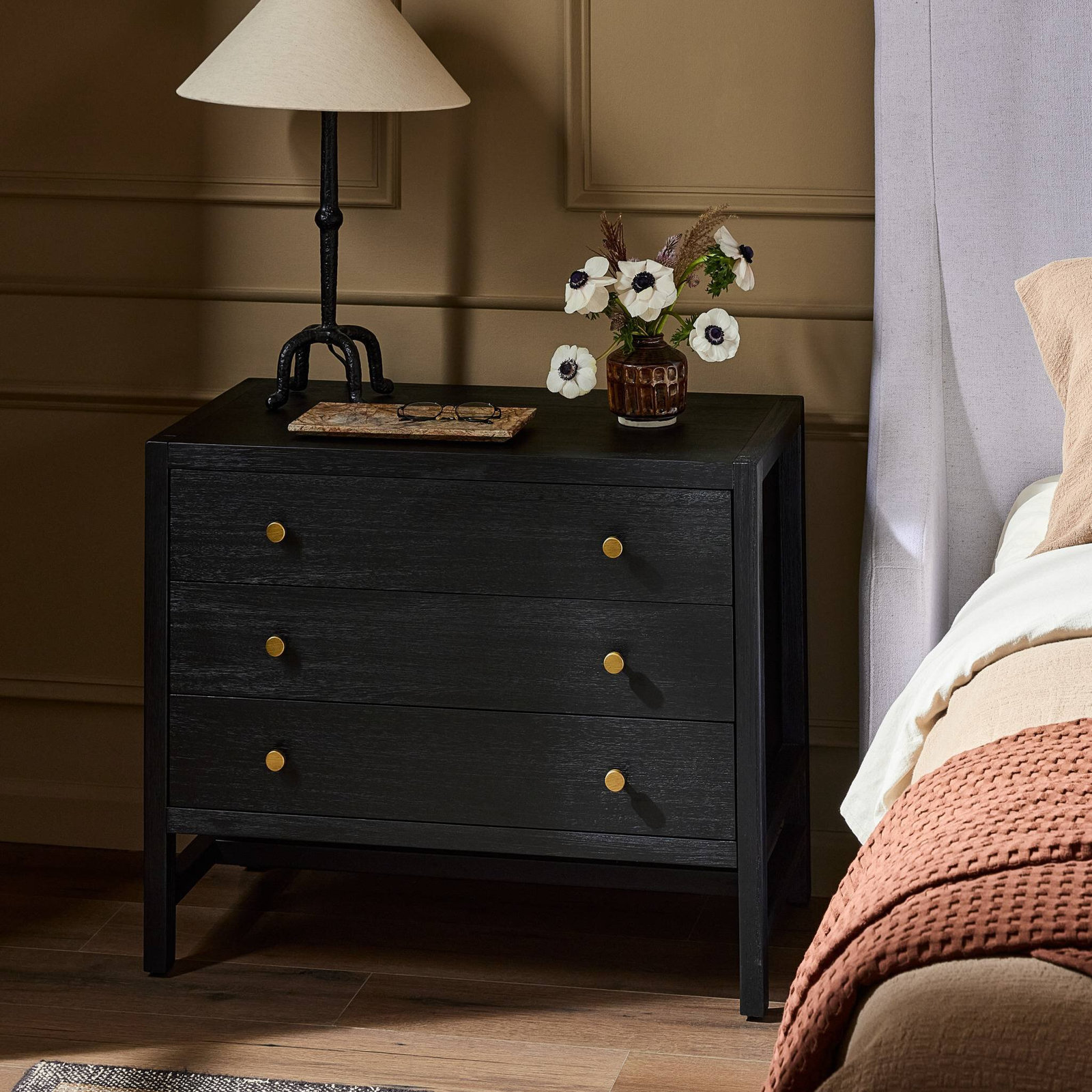 Soline Acacia Nightstand, Black Acacia