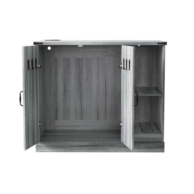 Armoire à litière pour chat avec prise de courant, meuble à litière moderne pour grandes boîtes à litière automatiques, bac à litière caché avec bac à litière, tablettes de rangement réglables, gris