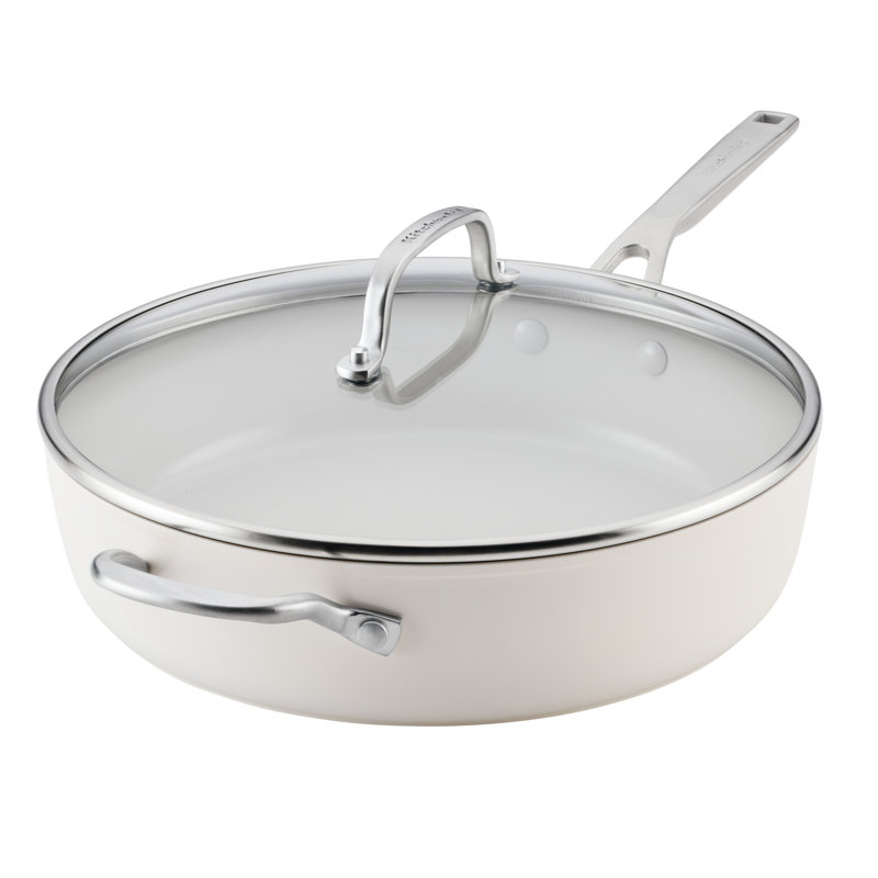 Kitchenaid Hard-Anodized Ceramic Induction Saute Pan With Lid And Helper Handle, 5-Quart, Agave, White