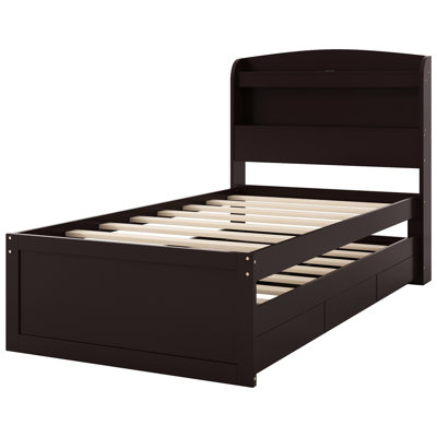 Lit plateforme simple TG avec beaucoup de rangement, tête de lit à DEL et prise de charge, espace de rangement brun, lit gigogne, 2 tiroirs, teinte foncée