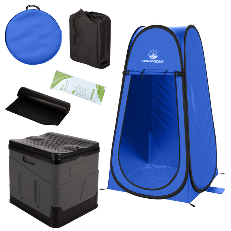 Portable Toilet for Adults with Pop Up Privacy Tent - Camping Toilet Travel Potty Bathroom Kit with Camping Shower Tent or Changing Room for Roadtrip, Beach or RV Travel by Wakeman Outdoors (Blue)