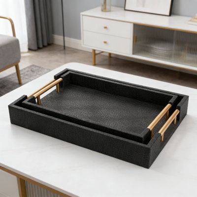 2-Piece Woven Leather Ottoman Tray Set With Gold Handles, Rectangular Decorative Serving Tray For Coffee Table, Living Room, And Home Decor