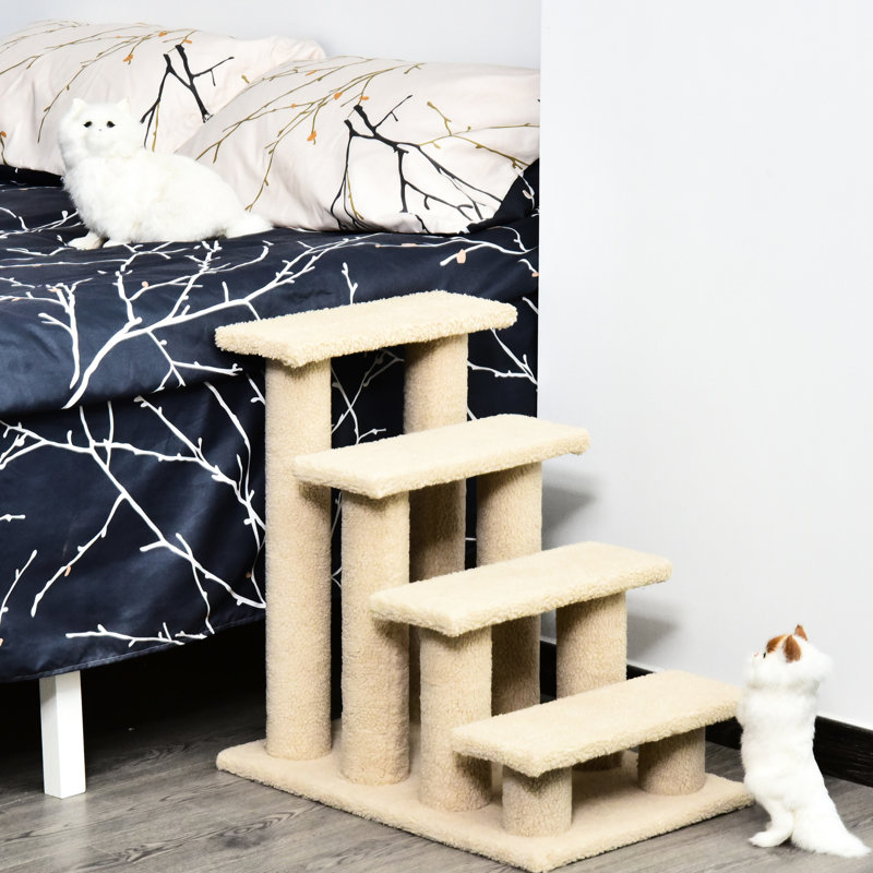 4 Multi-level 25-inch Cat Scratching Post Pet Stairs - Beige, Help Cats Reach High Bedsides In Comfortable For To Crawl And Play