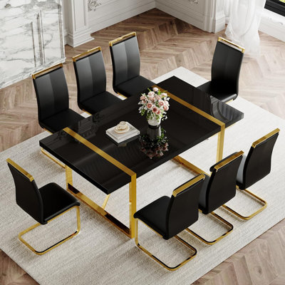 71‘’ Modern Dining Table Set For 8, White Dining Tabletop And Golden Metal Frame, Rectangle Dining Room Table With 8 Upholstered Dining Chairs. Dinner Table Set For Kitchen And Dining Room.