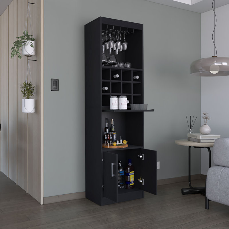 Kevil 71-Inch Tall Bar Cabinet 5-Tier Modern Bar Cabinet with Glass Holder Stemware Rack, Wine Cabinet, Liquor Cabinet, 12 Bottle Cubbies, 5 Shelves, and Pull Out Tray