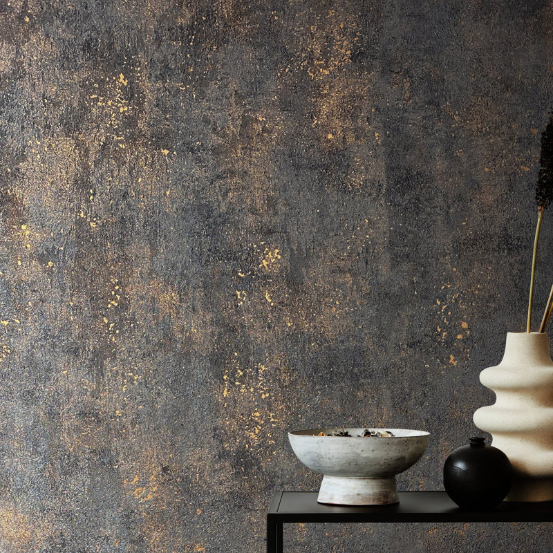 Textures Collection Industrial Distressed Plain Metallic Elements Finish Wallpaper Roll, Black/Gold