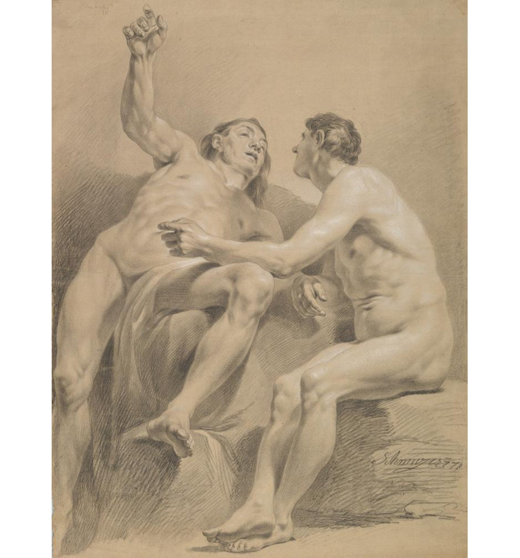 "Two Male Nudes, One Seated and One Semi-Reclining" by  Jakob Matthias Schmutzer - Gallery Wrap Canvas Wall Art