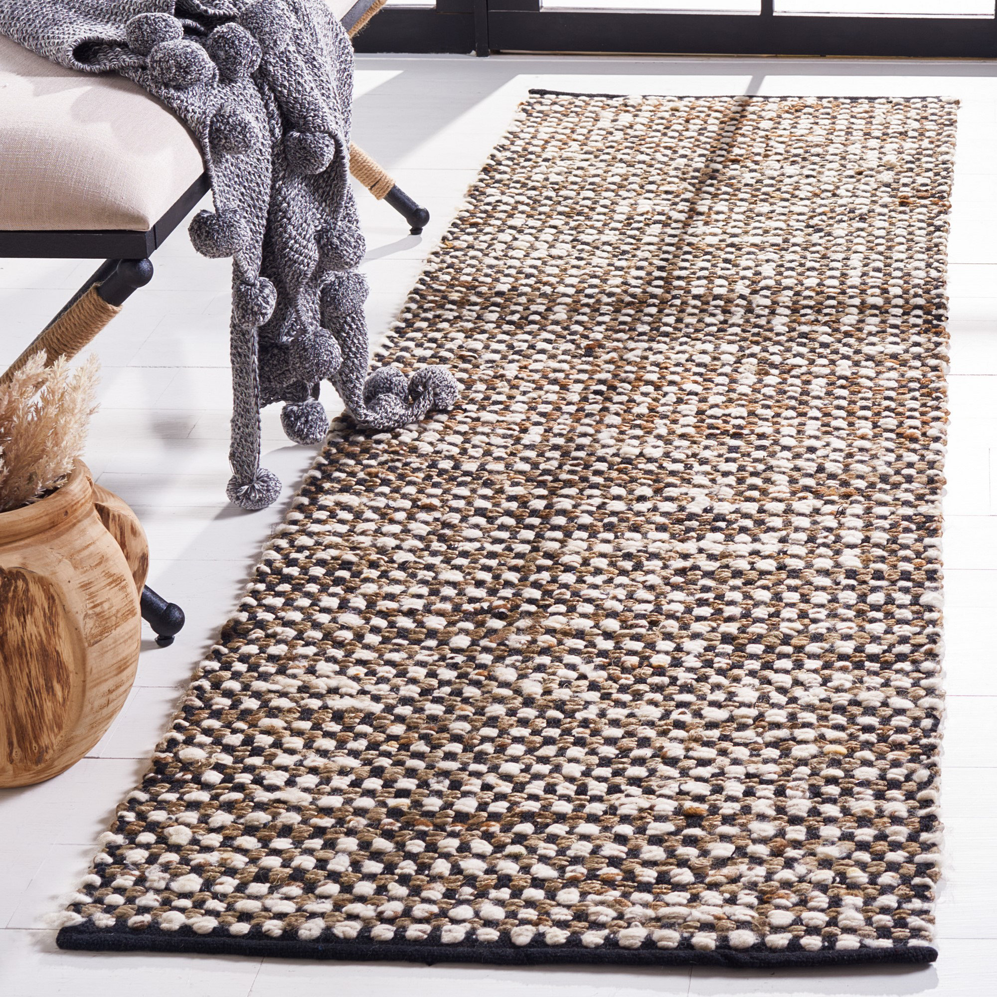 Gabino Geometric Handmade Flatweave Area Rug in Black/Ivory, Runner 2'3" x 8'