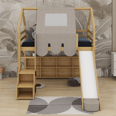 Twin House-Shaped Loft Bed With A Tent