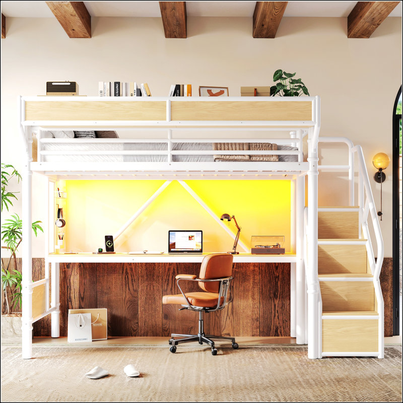 Twin Size Industrial Metal Loft Bed with Built-in Desk & Power Outlet, LED Strip, Metal Loft Bed Frame with Pegboard & Mesh Storage Baskets, Storage Stairs with Wardrobe, White