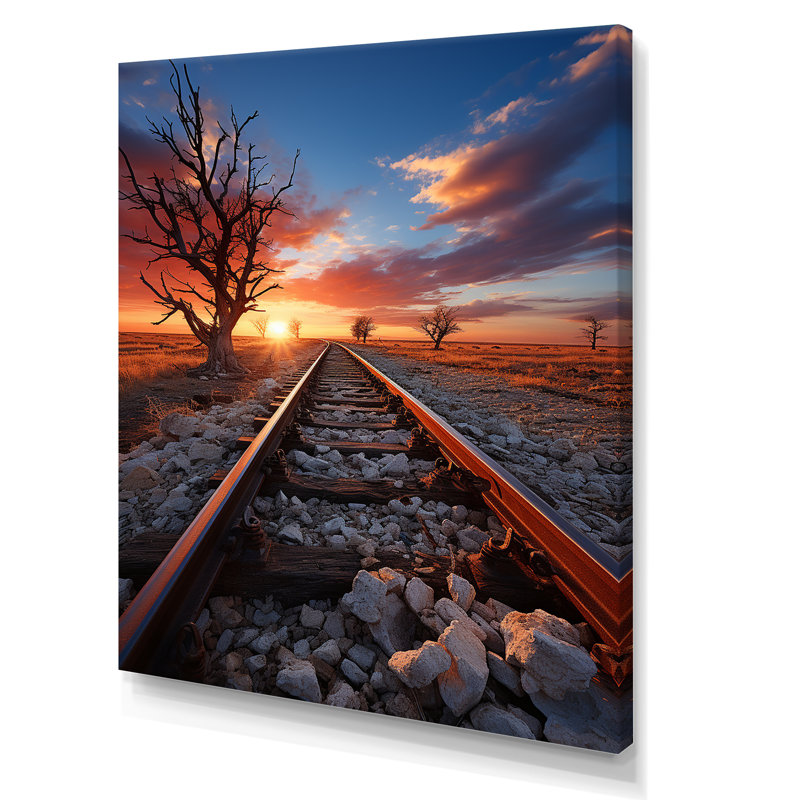 Chemin de fer au coucher du soleil, impression sur toile, H 20 po x l 12 po x P 1 po, Toile tendue