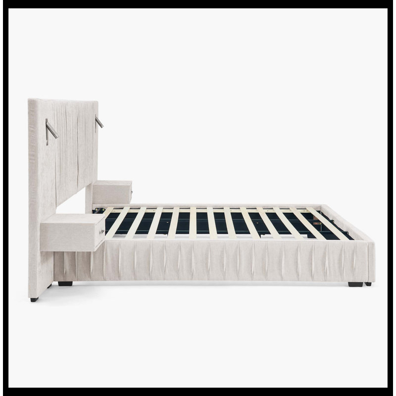 Structure de lit tapissier très grand avec tissu en chenille avec motif plissé, lit plateforme très grand avec tête de lit, cadre solide et table de chevet. Pas besoin de sommier tapissier - beige