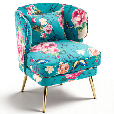 Lemley Floral Velvet Barrel Accent Chair With Lumbar Pillow - Mid Century Modern Upholstered Small Space Reading Chair With Gold Metal Legs For Living Room, Bedroom