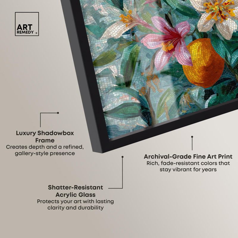 «Tile Garden I Floral Decor Shadowbox» par Art Remedy, H 21 po x l 17 po, Noir