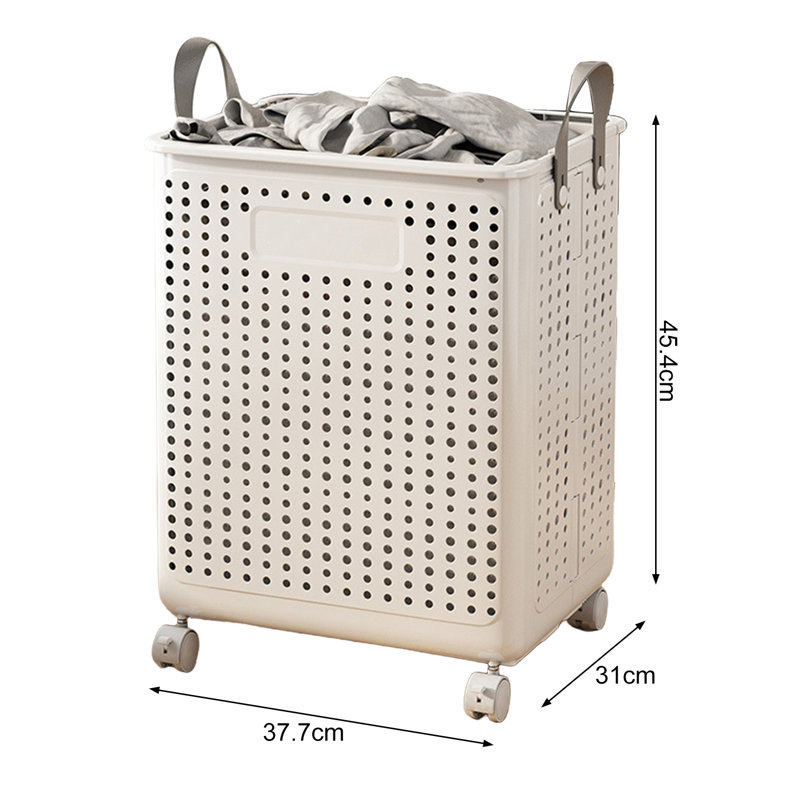 Laundry Basket with Wheels, Rolling Foldable Laundry Hamper Cart with Handle, White L