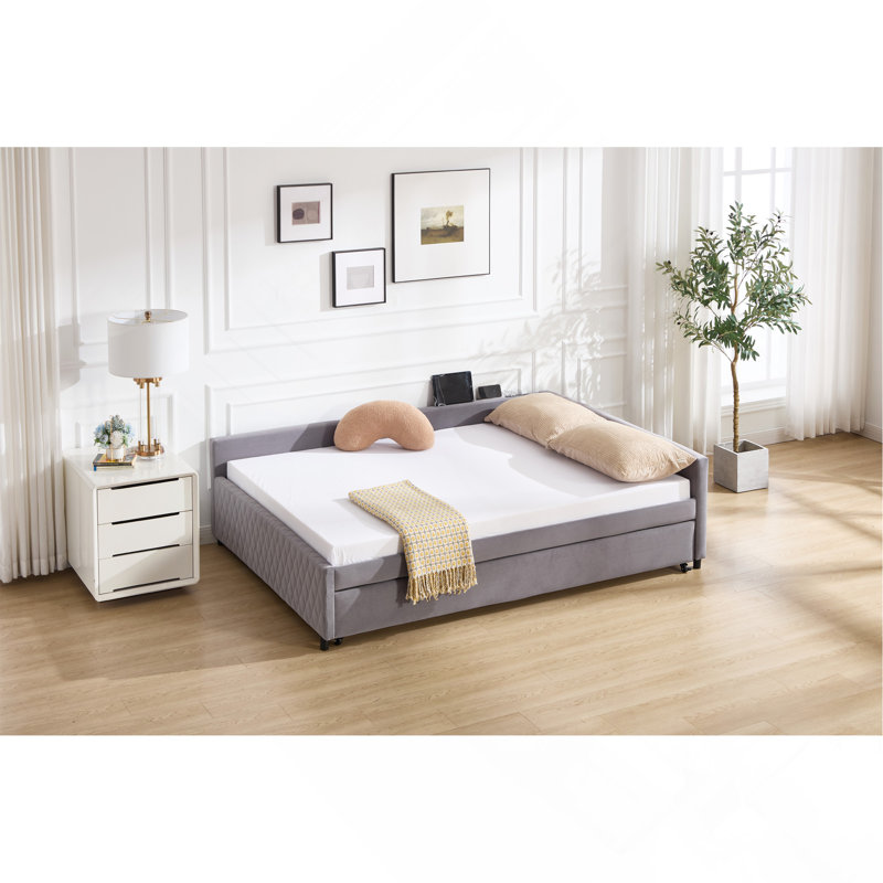Lit de jour rembourré avec lit gigogne, structure de lit en bois robuste, conception en losange moderne, pour chambre à coucher, chambre d'amis (gris)