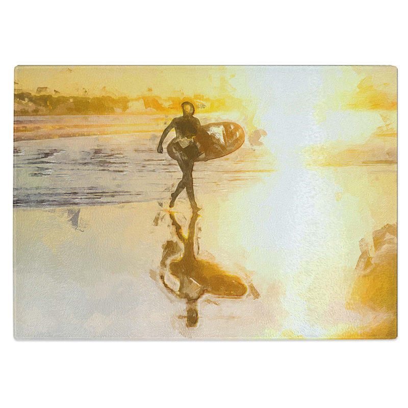 Tempered Glass Surfer on a Spanish Beach Chopping Board, 39 cm W x 28.5 cm L
