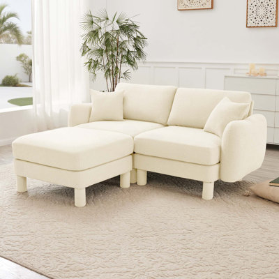 Boucle Fabric Sectional 2-seater Loveseat Sofa with Shell-shaped Armrests, Removable Ottoman, and Cylindrical Legs for Modern Comfort