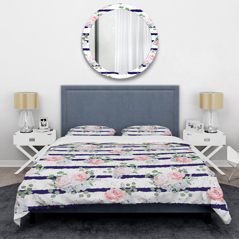 White and Blue Striped Pattern I - Abstract Duvet Cover Set - Microfiber Polyester, Queen Duvet Cover + 2 Standard Shams