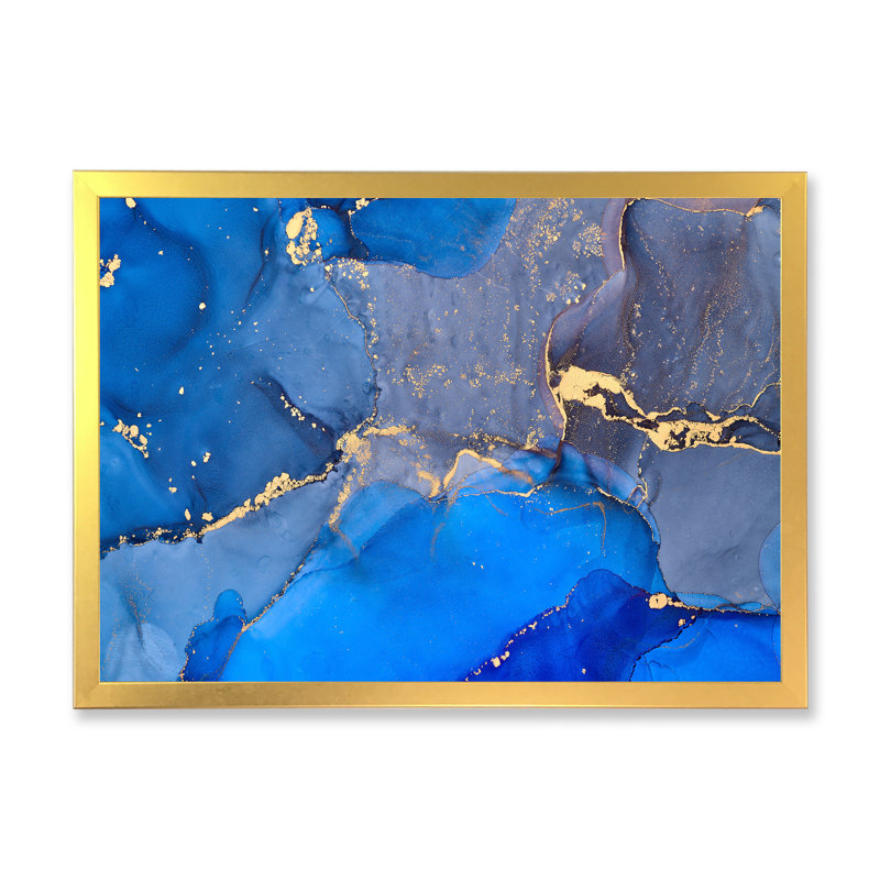 «Blue Luxury Abstract Fluid Art V», reproduction d'art sur toile moderne, H 24 po x l 32 po, Cadre doré